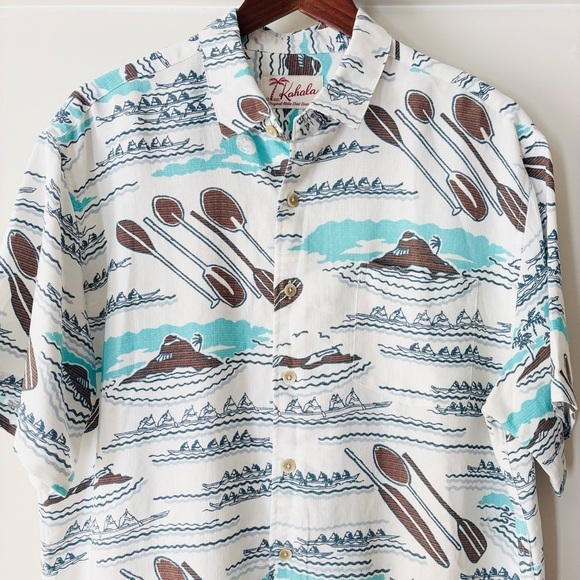 Kahala Aloha Hawaiian Button Front Printed Shirt Volcano Boat Men’s Large - Picture 2 of 7
